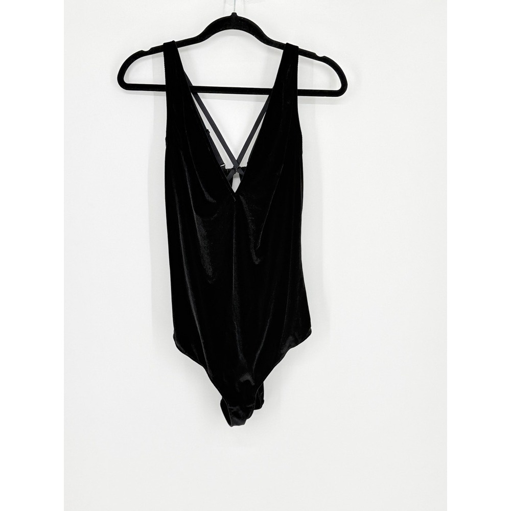 Black Velvet Strappy Back Bodysuit XL Deep V-Neck Sleeveless Fairy Grunge y2k